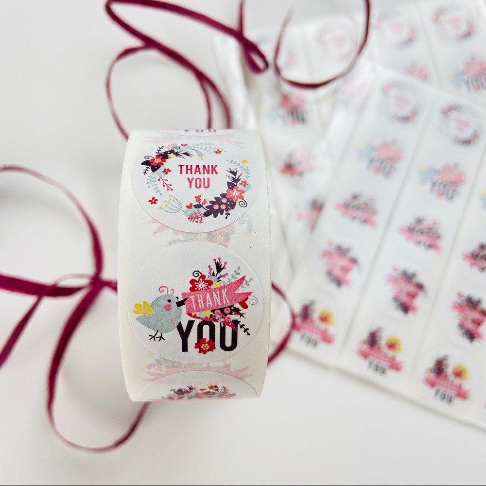 500 Thank You Stickers. Summer Bird Floral Pattern. Envelope Seals Bulk. 1 Roll
